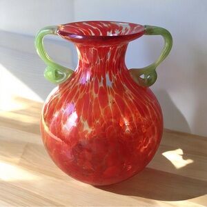 VTG, MCM Speckled Swirls Red & Clear Glass Green handles Vase Nouveau Hand Blow